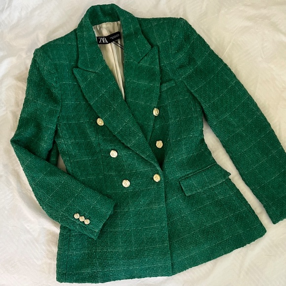 Zara Textured Double Breasted Blazer Green - Picture 1 of 5